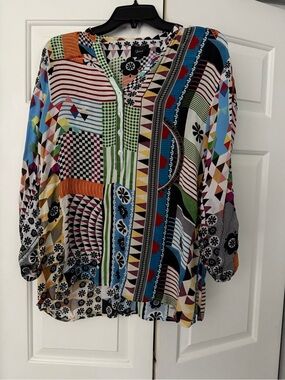 Shana multicolored Sundance Patchwork Print V-Neck Blouse Large